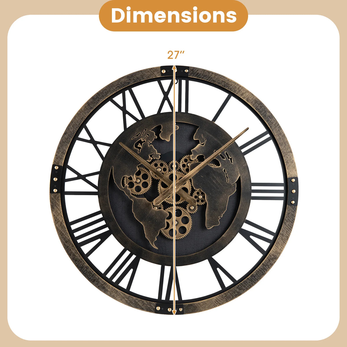 HOMASIS Silent Decorative Metal Gear Wall Clock With World Map