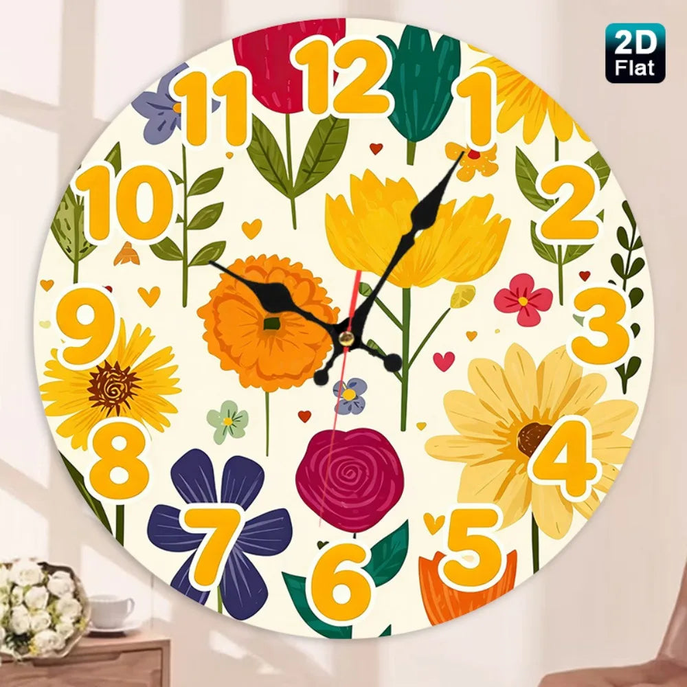 Wooden Wall Clock With Floral Art Design Silent Battery Powered