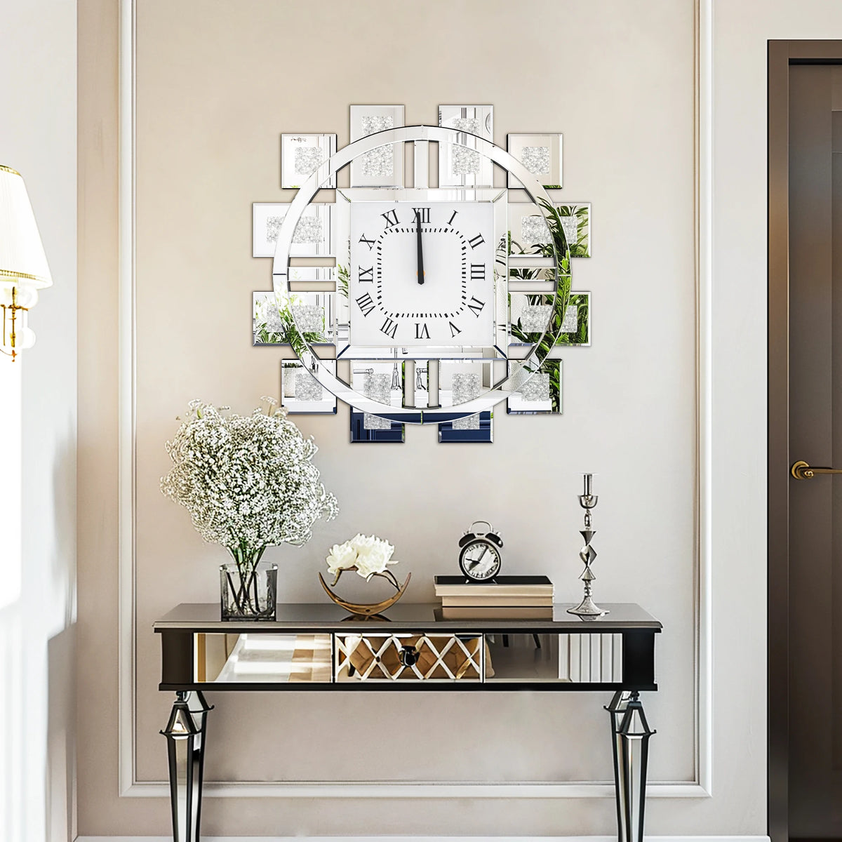 Irregular Mirrored Wall Clock With Diamond Sparkle And Roman Numerals