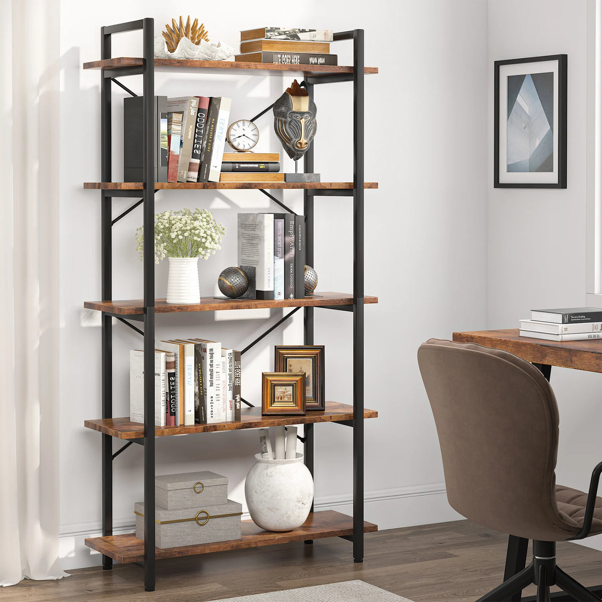 Tribesigns Industrial Bookshelf Open Shelves Metal Wood Storage Cabinet