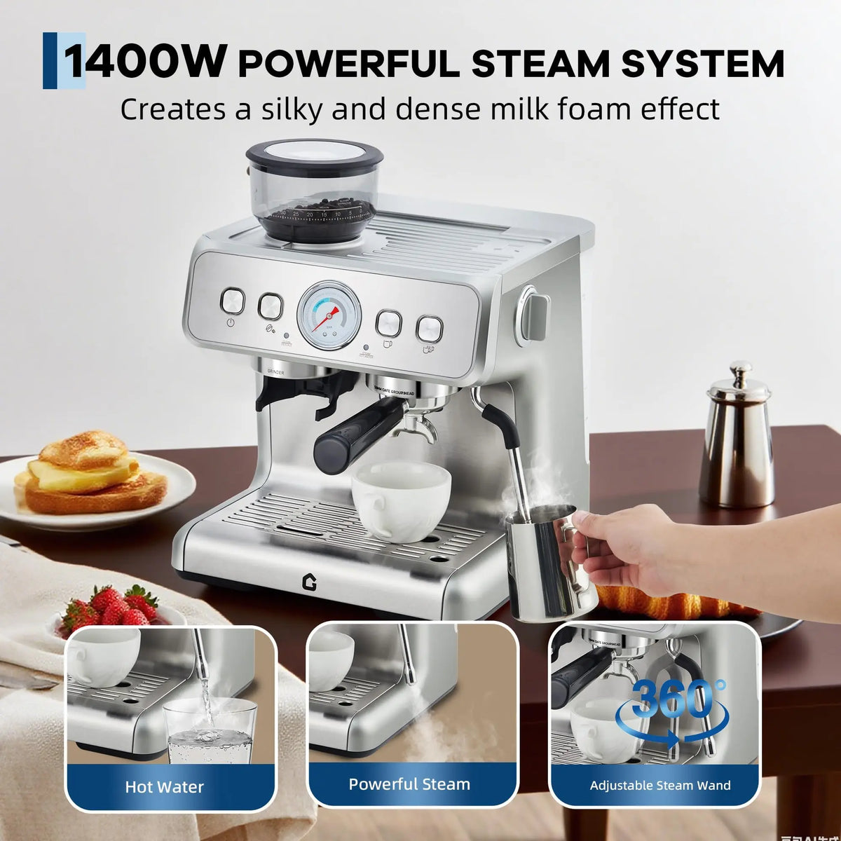 HiMISS Espresso Machine With Grinder And 20 Bar Pressure