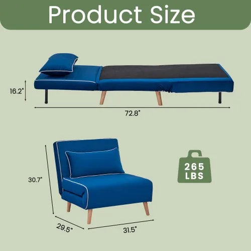 Modern Velvet Foldable Sofa Bed With Three Position Backrest Converts To Bed