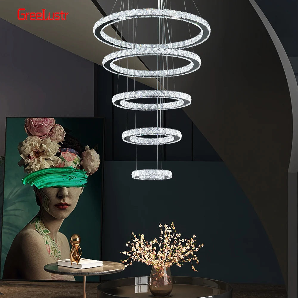 GreeLustr Adjustable Crystal Ring Led Pendant Light Fixture