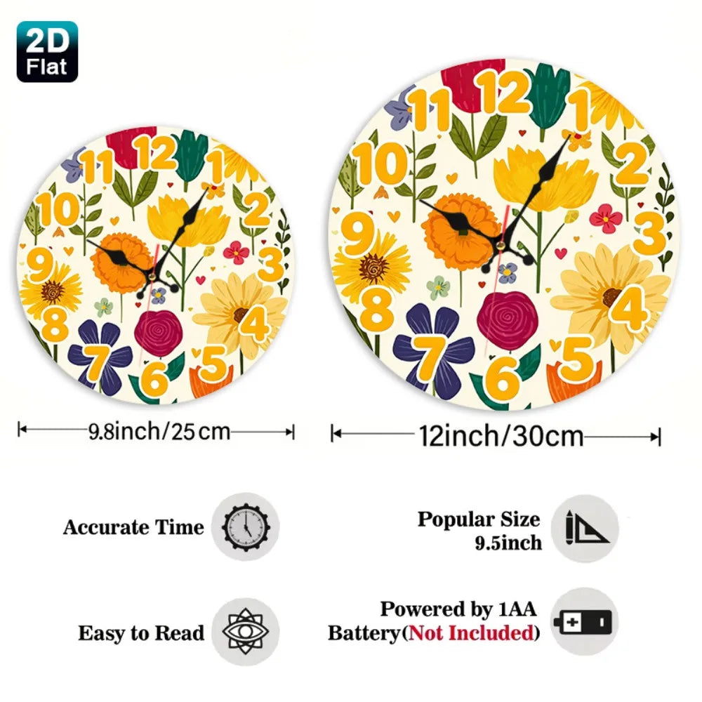 Wooden Wall Clock With Floral Art Design Silent Battery Powered