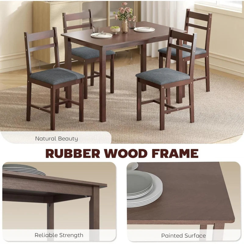 Farmhouse Five Piece Solid Wood Dining Set With Upholstered Chairs
