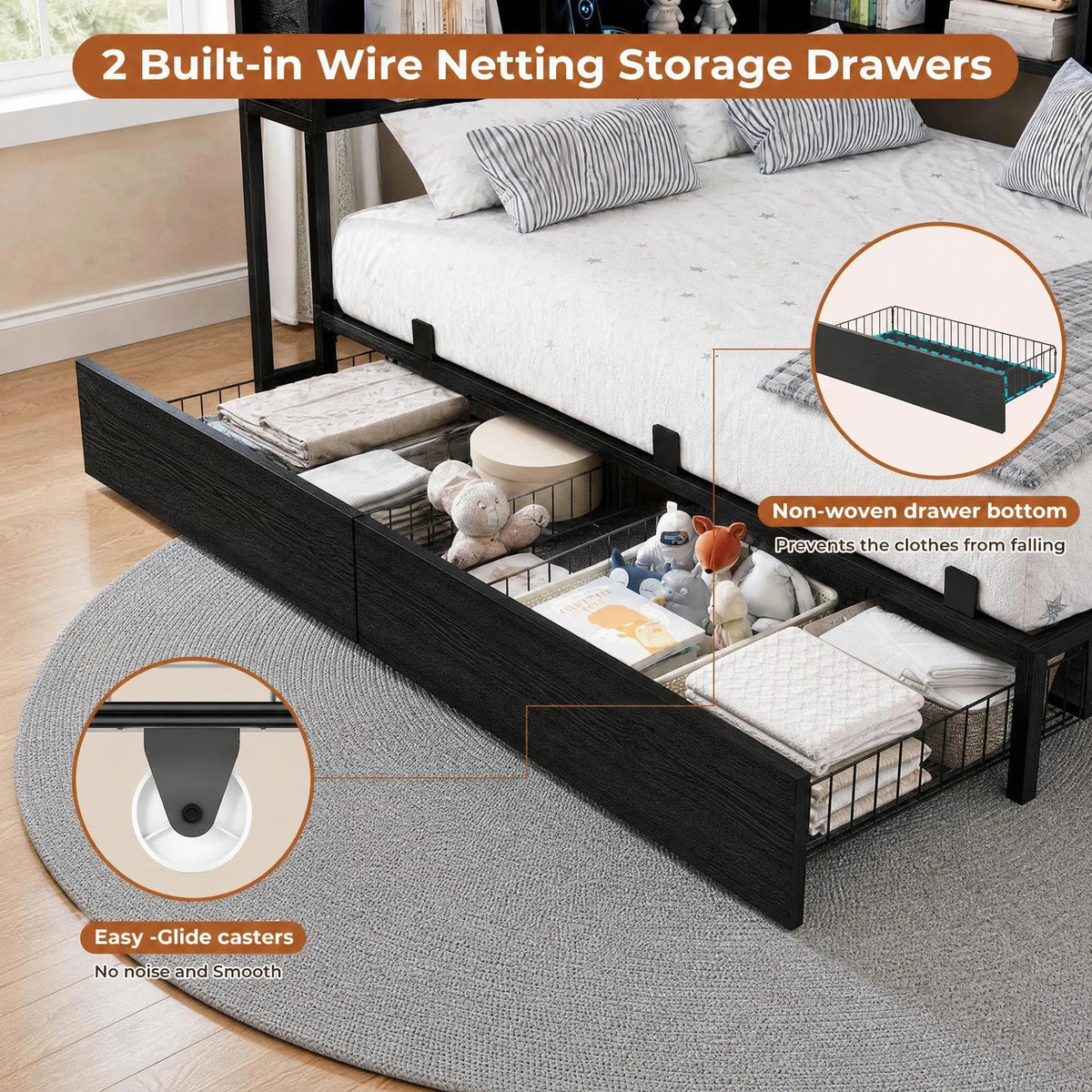 HiMISS Corner Bed Frame, Bookcase Headboard, LED Lights, Charging Station