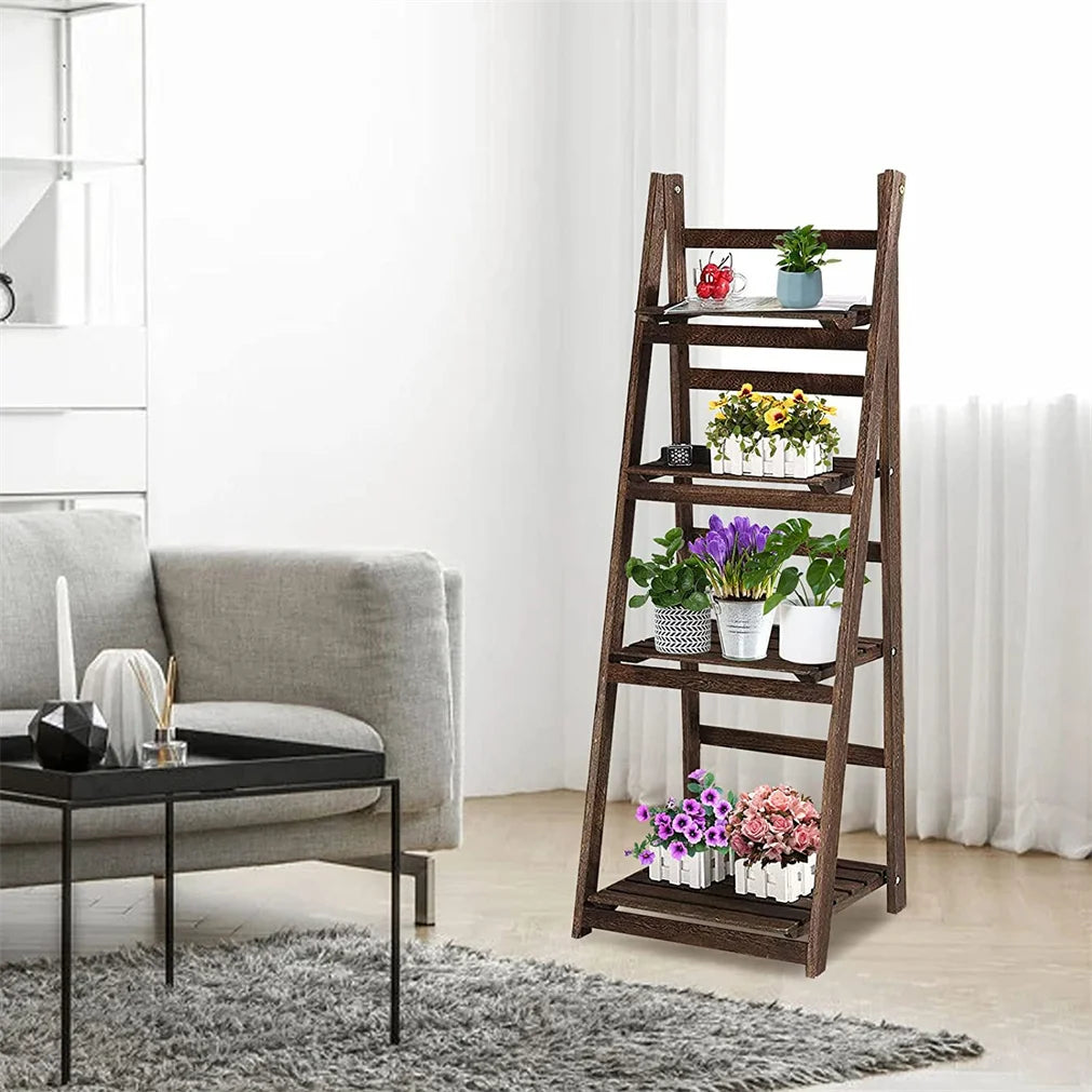 Folding Wooden 4 Tier Ladder Shelf Storage Bookcase