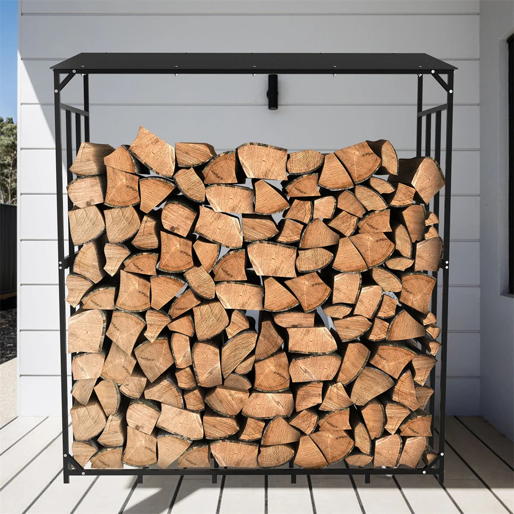 Outdoor Metal Firewood Log Storage Rack With Waterproof Roof