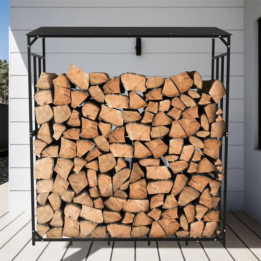 Outdoor Metal Firewood Log Storage Rack With Waterproof Roof
