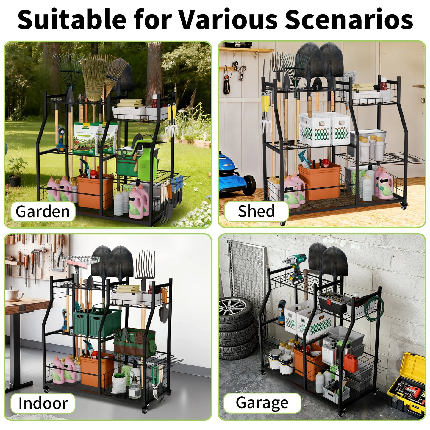 Metal Freestanding Garage Tool Organizer Cart On Wheels Five Shelves