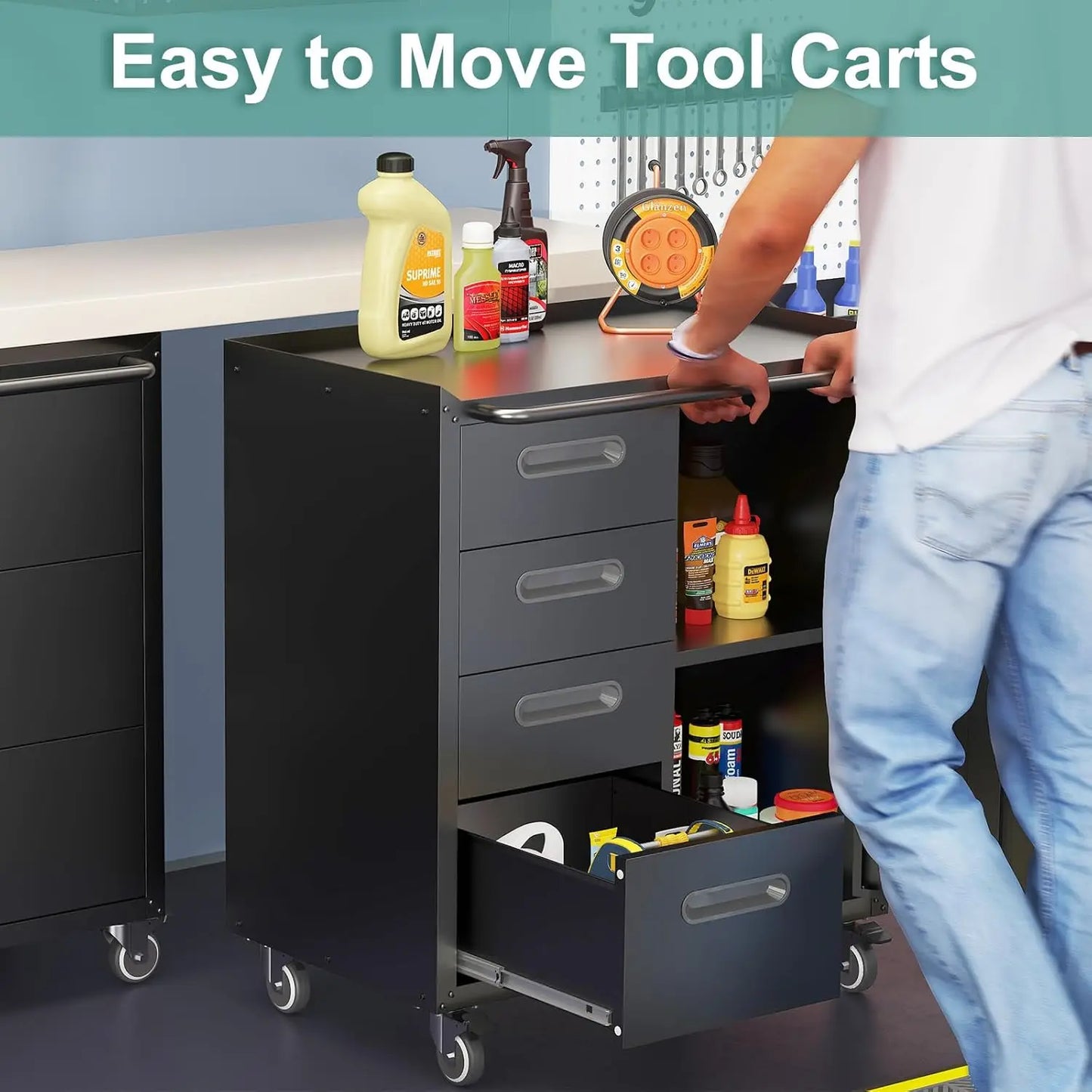 Metal Garage Storage Cabinet With Wheels Four Drawers Locking Door Tool Cabinet