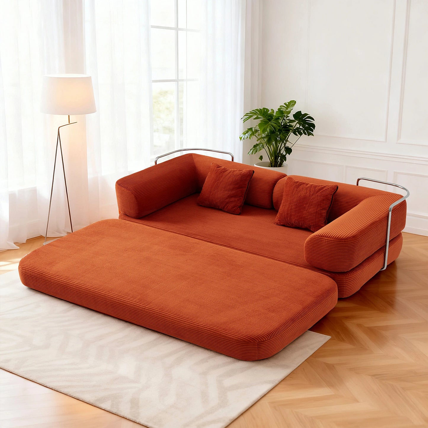 Futon Sofa Bed Convertible Corduroy Couch With L Shaped Armrests For Living Room