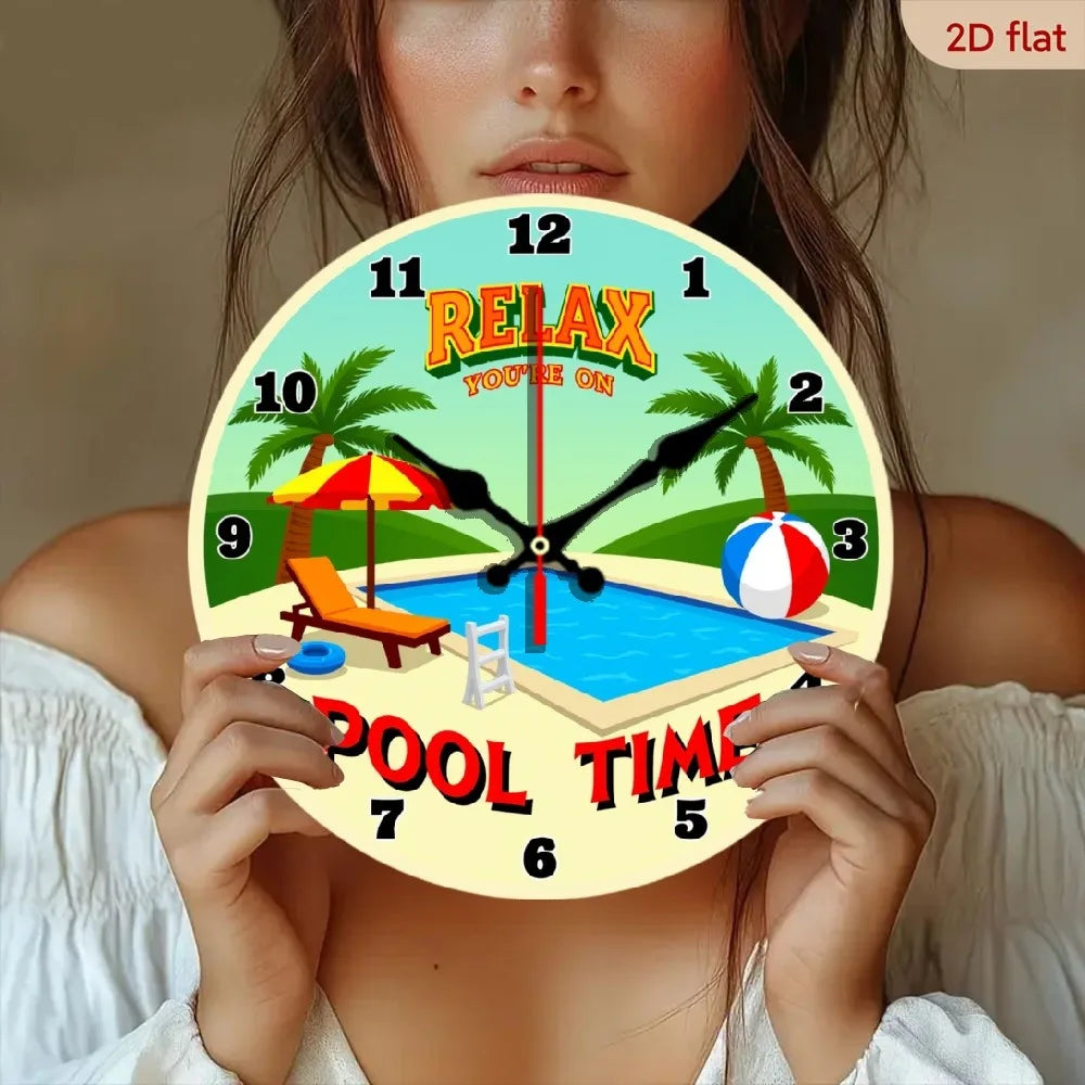XMSJ Tropical Pool Time Wooden Wall Clock Silent Beach Decor