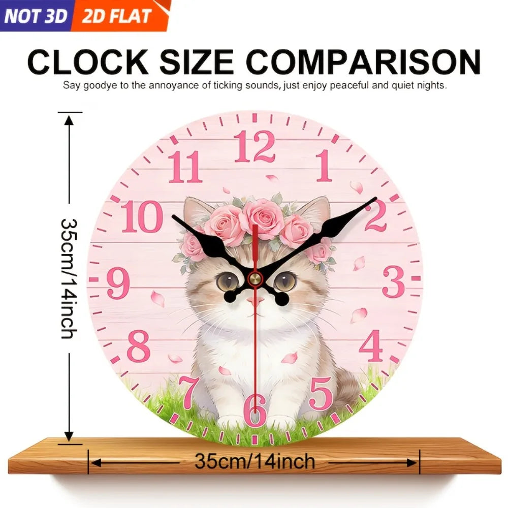 Livi Cat And Rose Wreath Wall Clock With Silent Operation