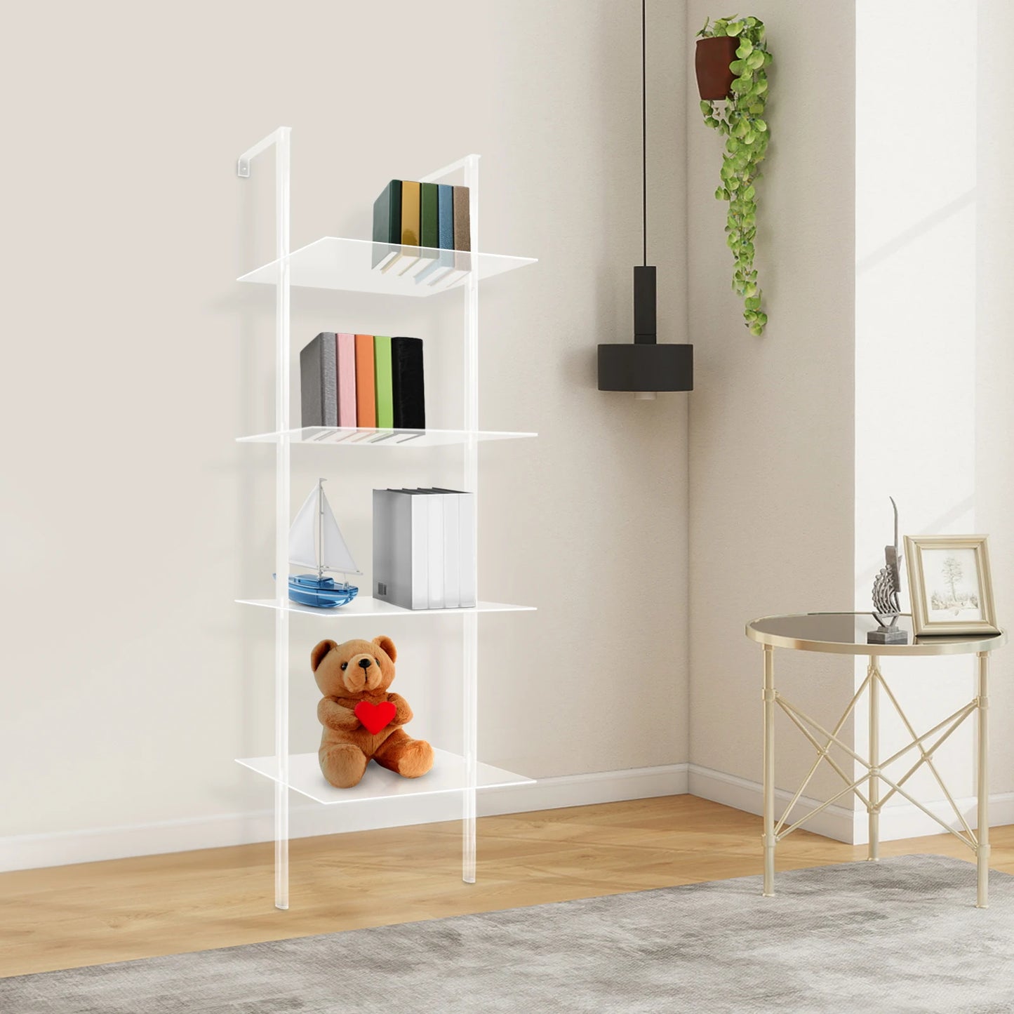 4 Tier Clear Acrylic Ladder Bookshelf Wall Mount Floor Standing