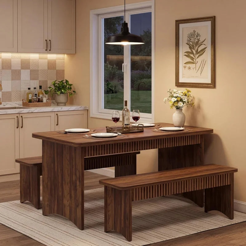 Farmhouse Dining Table Set With Benches For Family Rooms