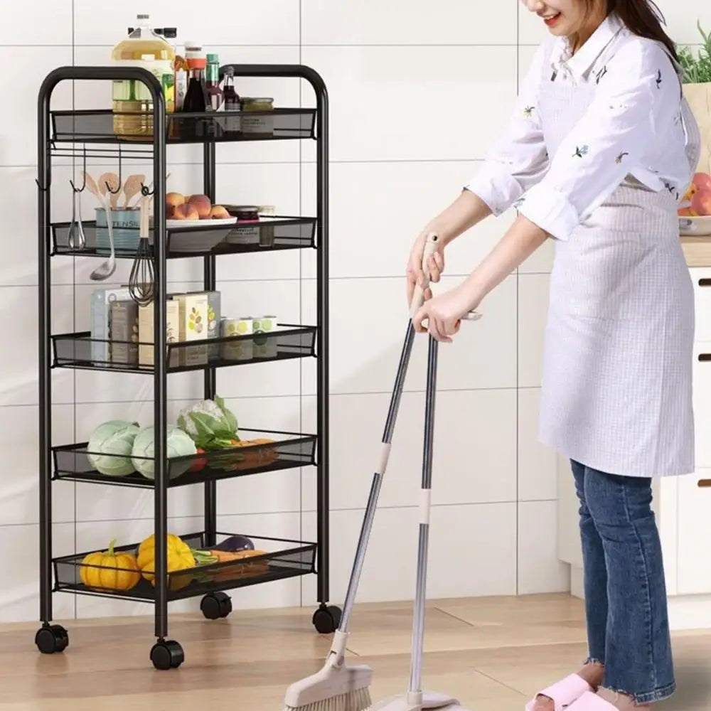 Five Tier Stackable Metal Mesh Fruit and Vegetable Storage Basket with Wheels