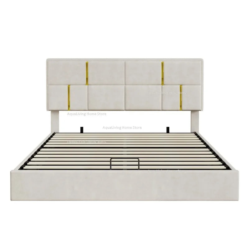 Modern Upholstered Platform Bed Set With Hydraulic Storage Ottoman