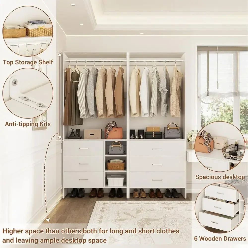 Wood Closet Organizer System With Six Drawers For Walk-In Closets