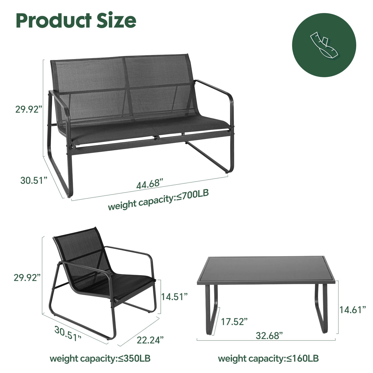 JHK Outdoor Patio Furniture Set With Metal Frame And Table