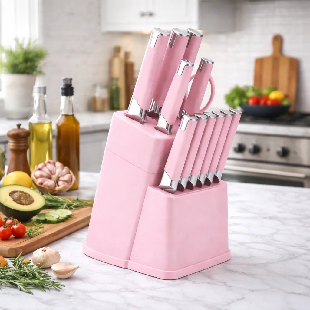 Knife Block Set With 6 Steak Knives High Carbon Stainless