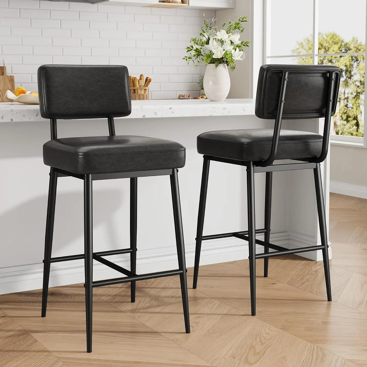 HiMISS Faux Leather Bar Stools With Back And Metal Legs