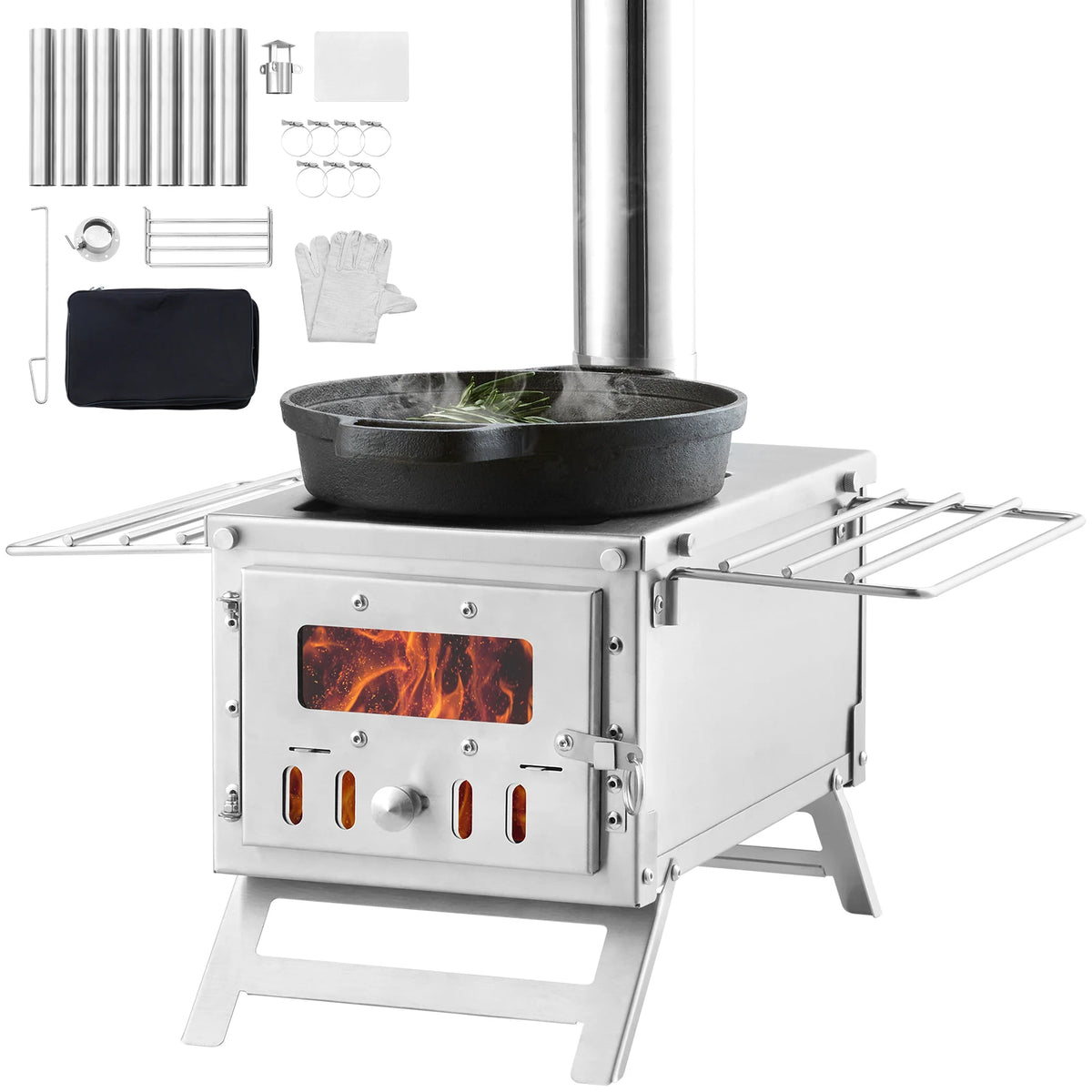 SucceBuy Portable Camping Wood Stove With Chimney Pipes And Gloves