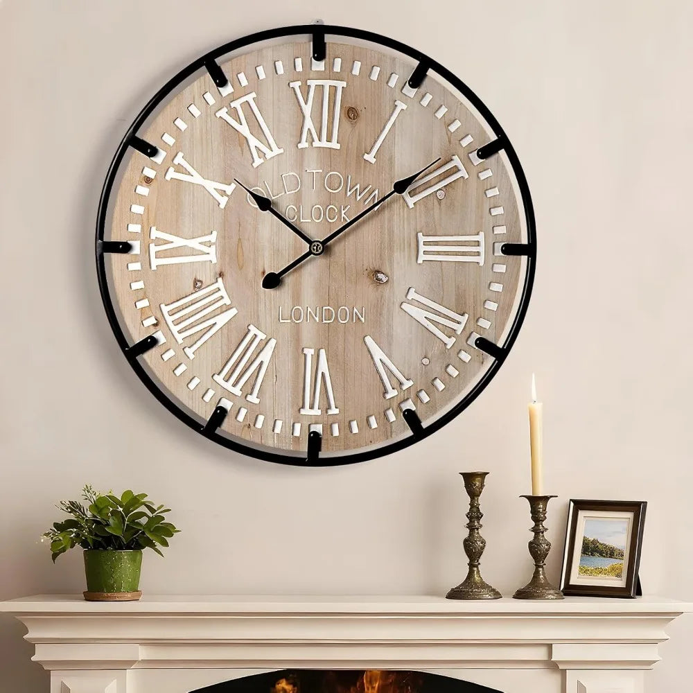 Farmhouse Rustic Wall Clock With Metal Circle Silent Analog Design