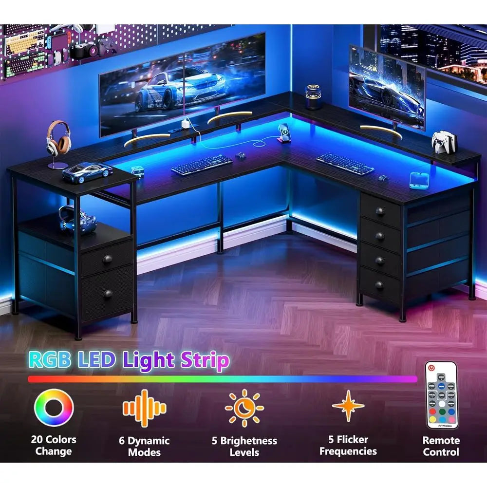L Shaped Gaming Desk Metal Frame Led Lights Power Outlets
