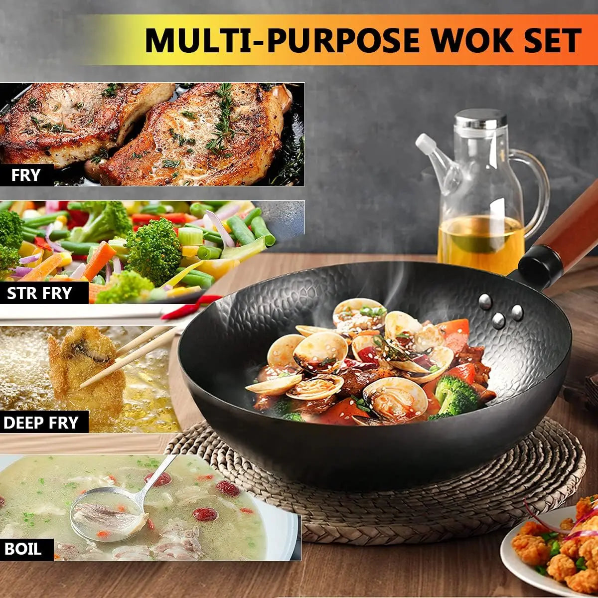 Carbon Steel Wok Pan Set With Wooden Lid And Utensils