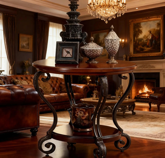 Traditional Brown Cherry End Table With Open Bottom Shelf And Ornate Scroll Legs