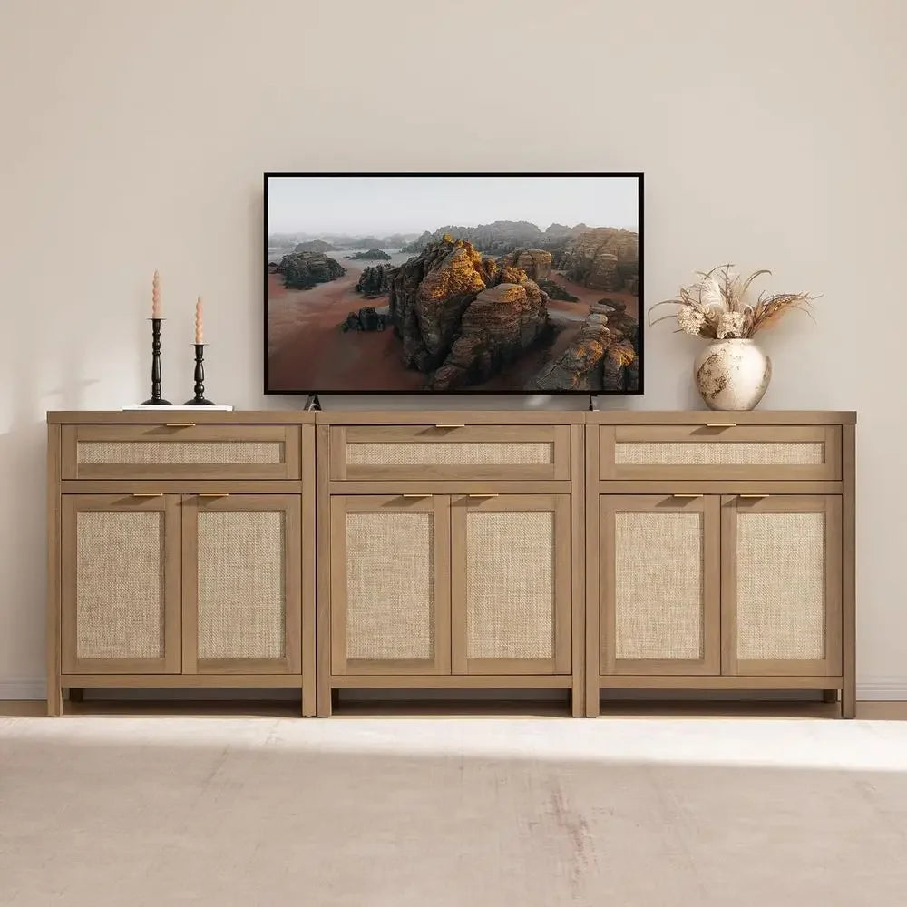 Sideboard Buffet Cabinet Set of 3 With Rattan Accents
