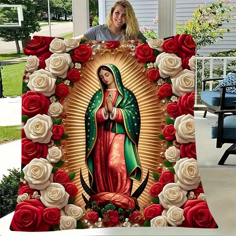 Virgin Mary With Roses Flannel Throw Blanket Our Lady Of Guadalupe Design