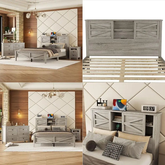Farmhouse Platform Bed With Storage Headboard Nightstand Dresser Set