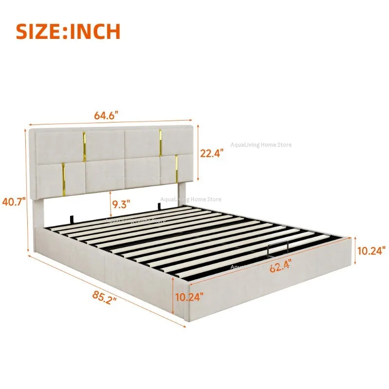 Modern Upholstered Platform Bed Set With Hydraulic Storage Ottoman