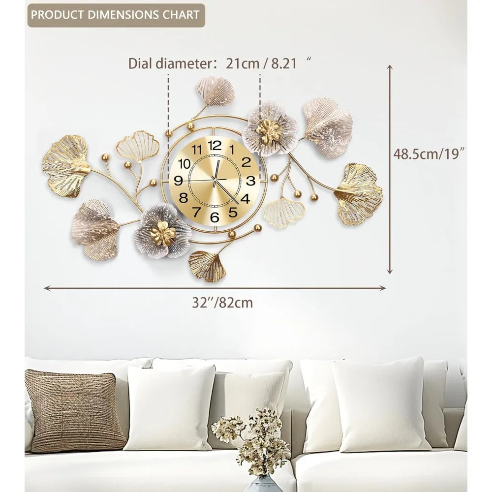 3D Silent Ginkgo Leaf Wall Clock With Retro Metal Design