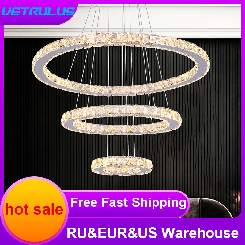 Vetru/us Modern LED Crystal Chandelier Stainless Steel