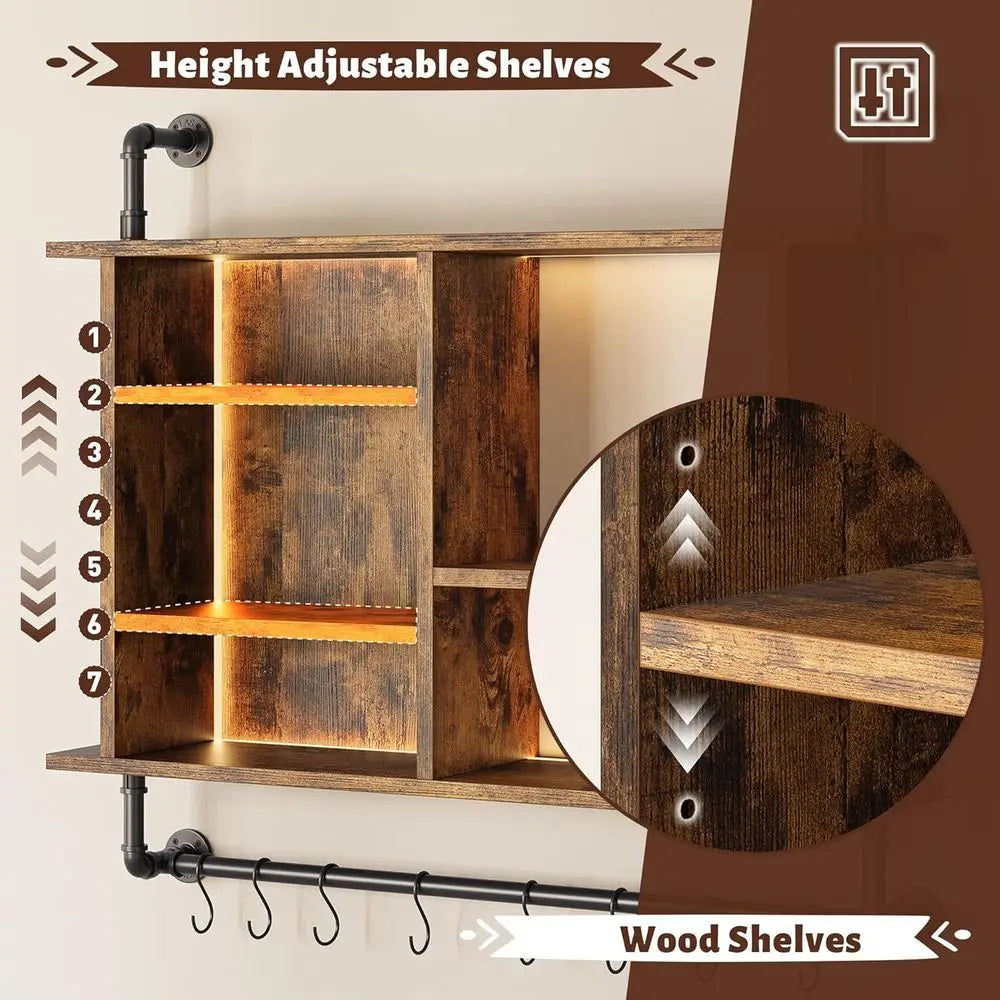 4-Tier Industrial Pipe Wall Mount Shelves With Dimmable RGB LED