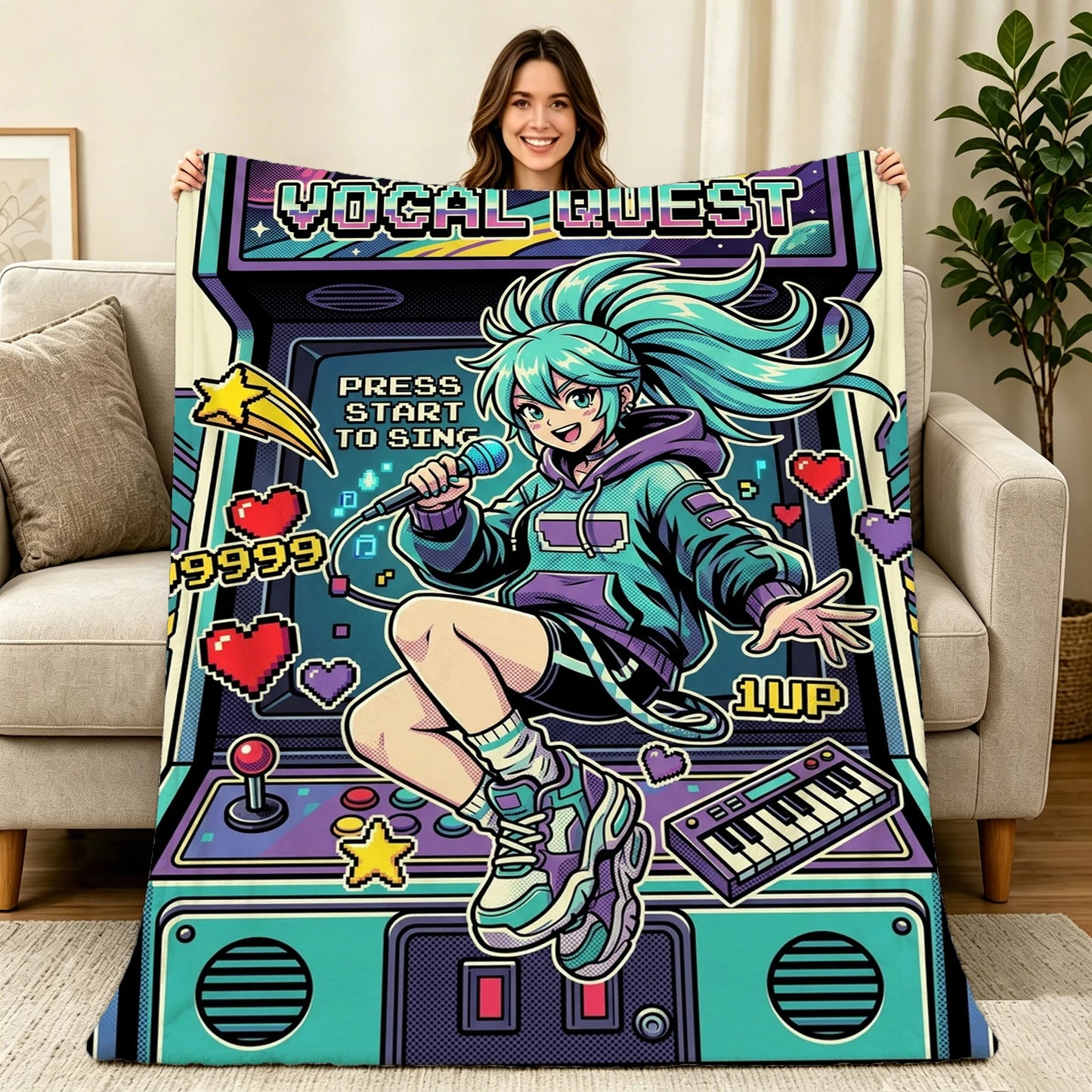 Anime Arcade Pixel Art Flannel Throw Blanket Soft Polyester Knit