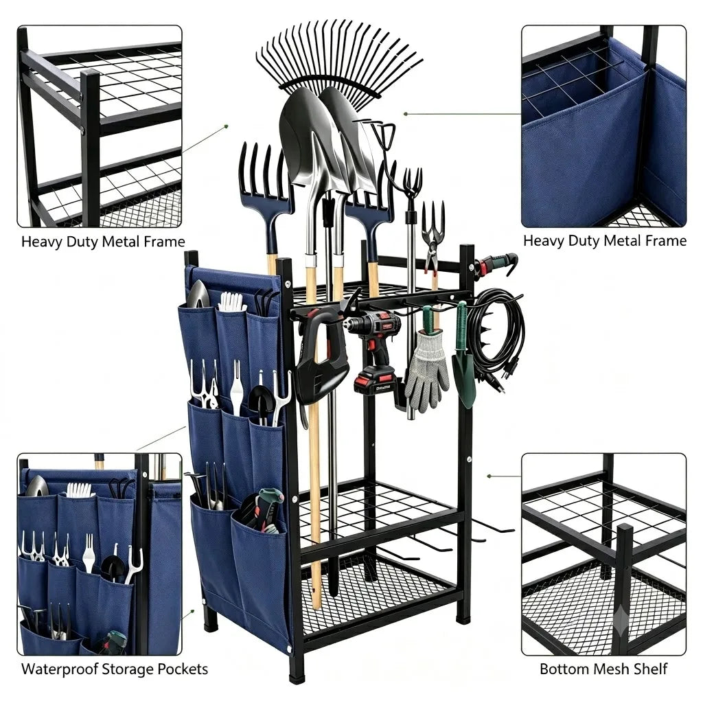 Garden Tool Storage Rack Heavy Duty Iron Organizer For Shovels And Rakes