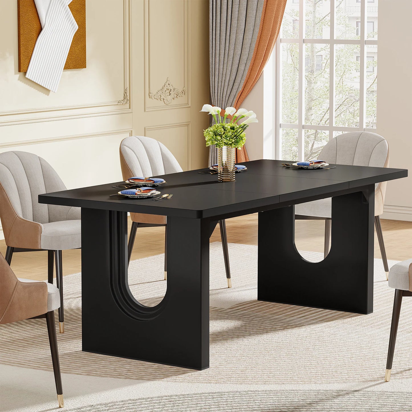 LITTLE TREE Modern Dining Table With Wood Pedestal Base