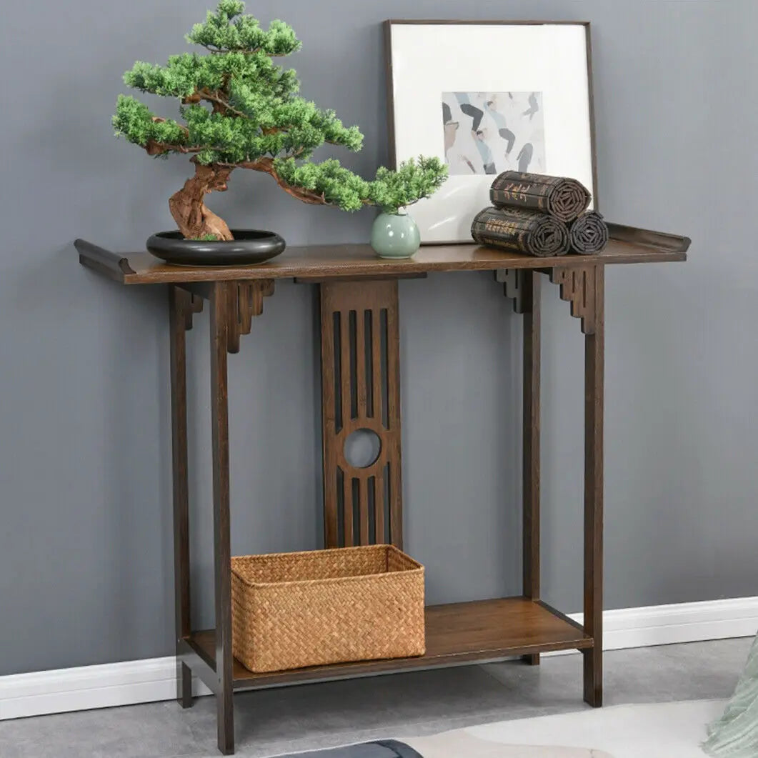 Bamboo Hall Console Table With Drawer And Storage Shelf