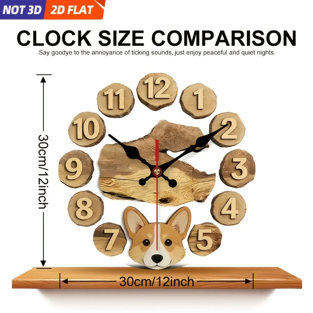 Corgi Themed Wooden Wall Clock Silent Decorative 2D Print